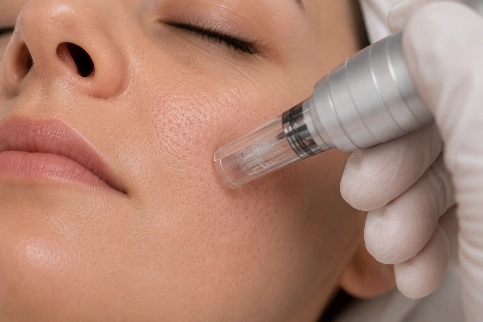 Nahaufnahme – Microneedling Behandlung im Gesicht gegen sichtbare Poren